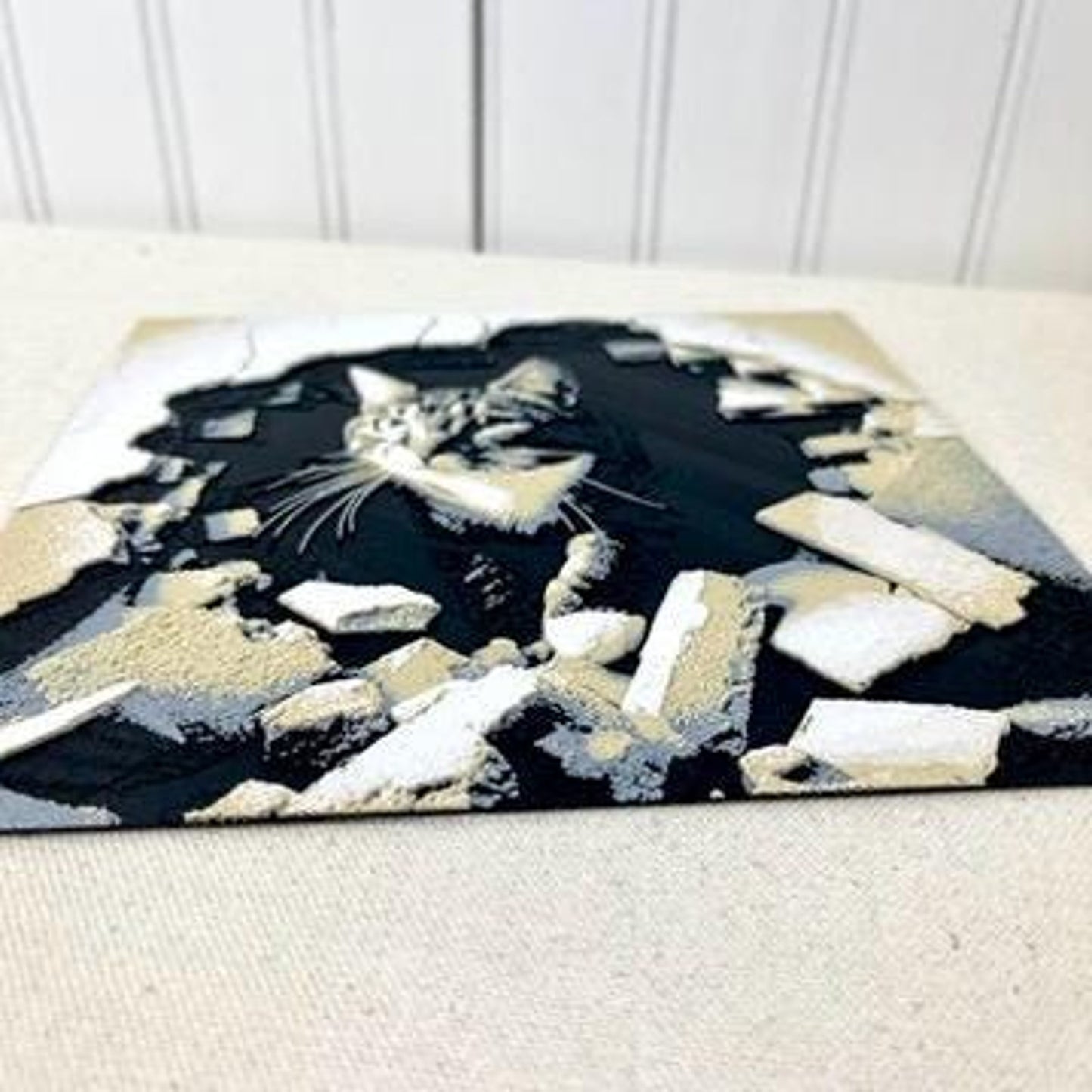Curious Tabby Cat Art, Cat in Crumbling Wall Art, Bold Cat Print, Cat Decor