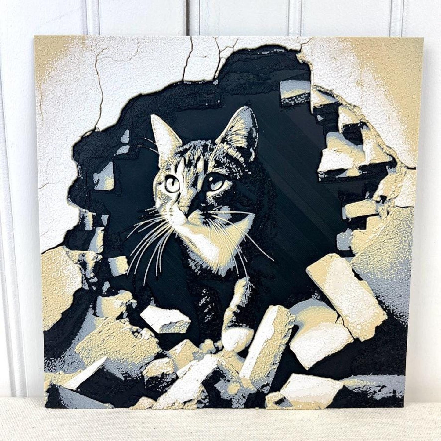 Curious Tabby Cat Art, Cat in Crumbling Wall Art, Bold Cat Print, Cat Decor