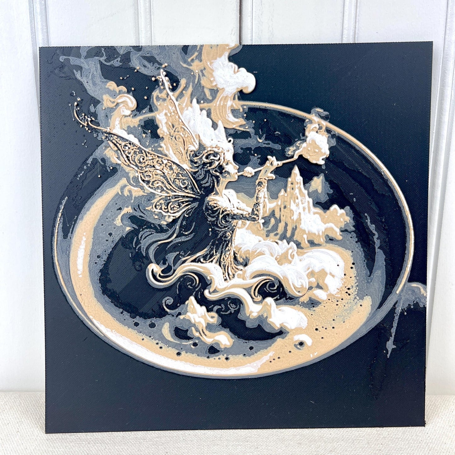 Fairy in Coffee Art, Whimsical Fantasy Wall Decor, Dreamy Espresso Art, Mystical Art Print