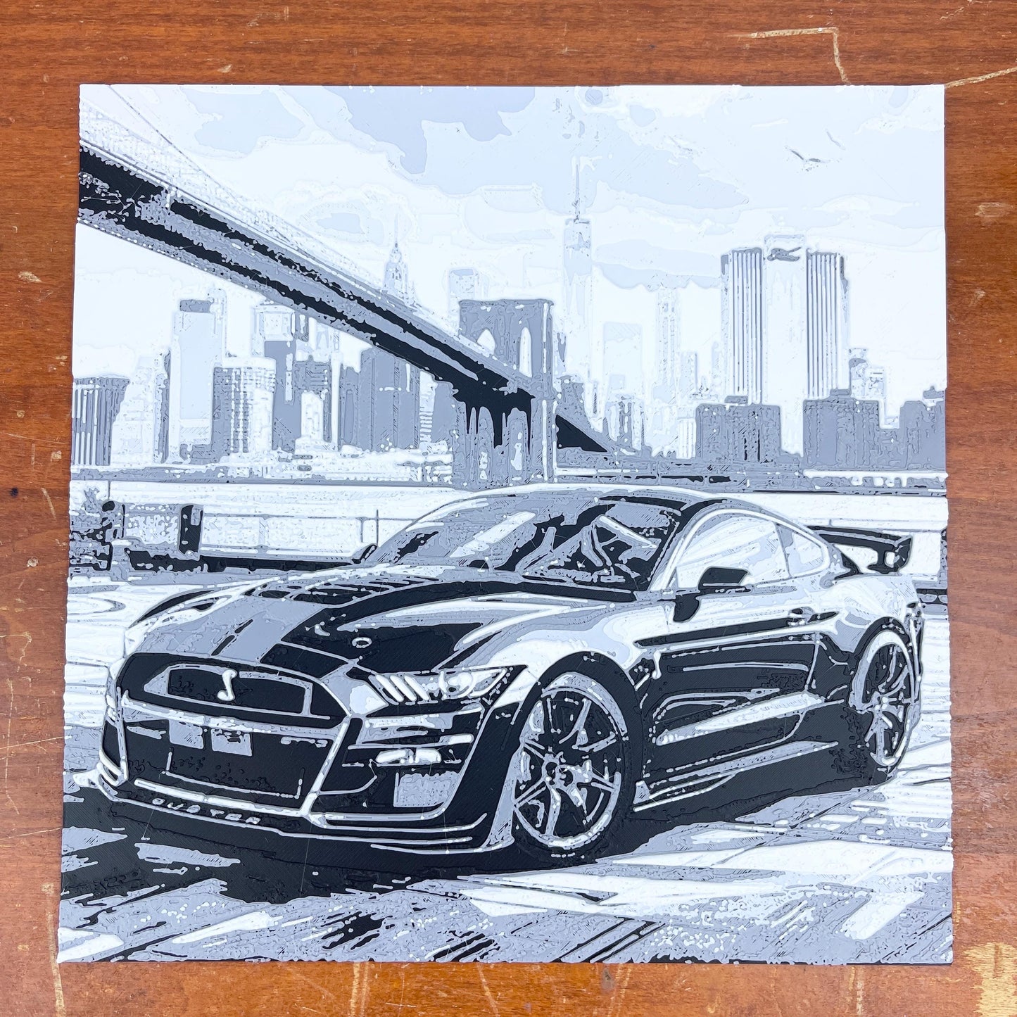 Ford Mustang Cobra Wall Art, Wall Art, Bridge and City Skyline, Car Art, Hueforge Art Print, Textured Art