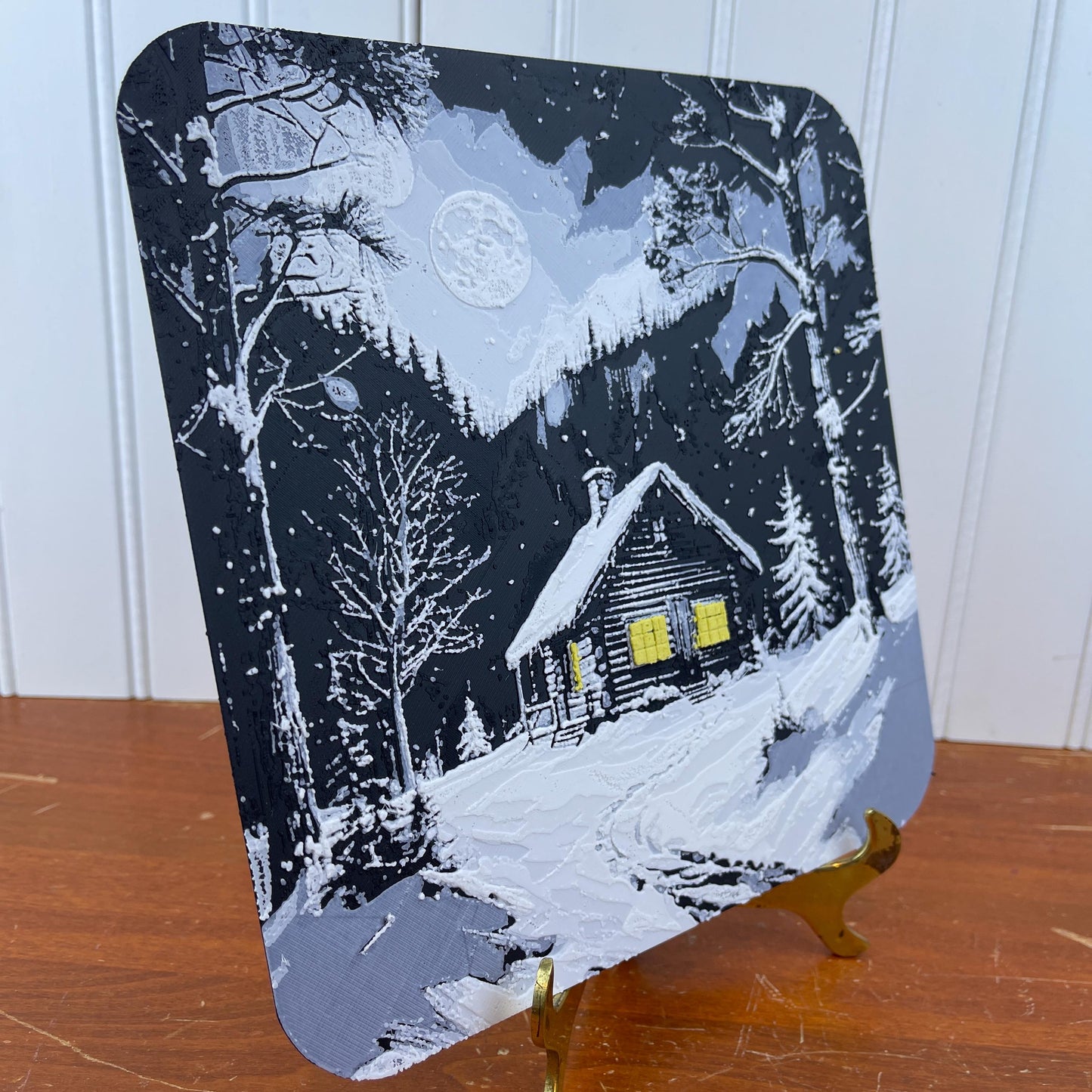 Winter Cabin Wall Art, Wall Art, Cabin in the Snow, Hueforge Art Print, Textured Art
