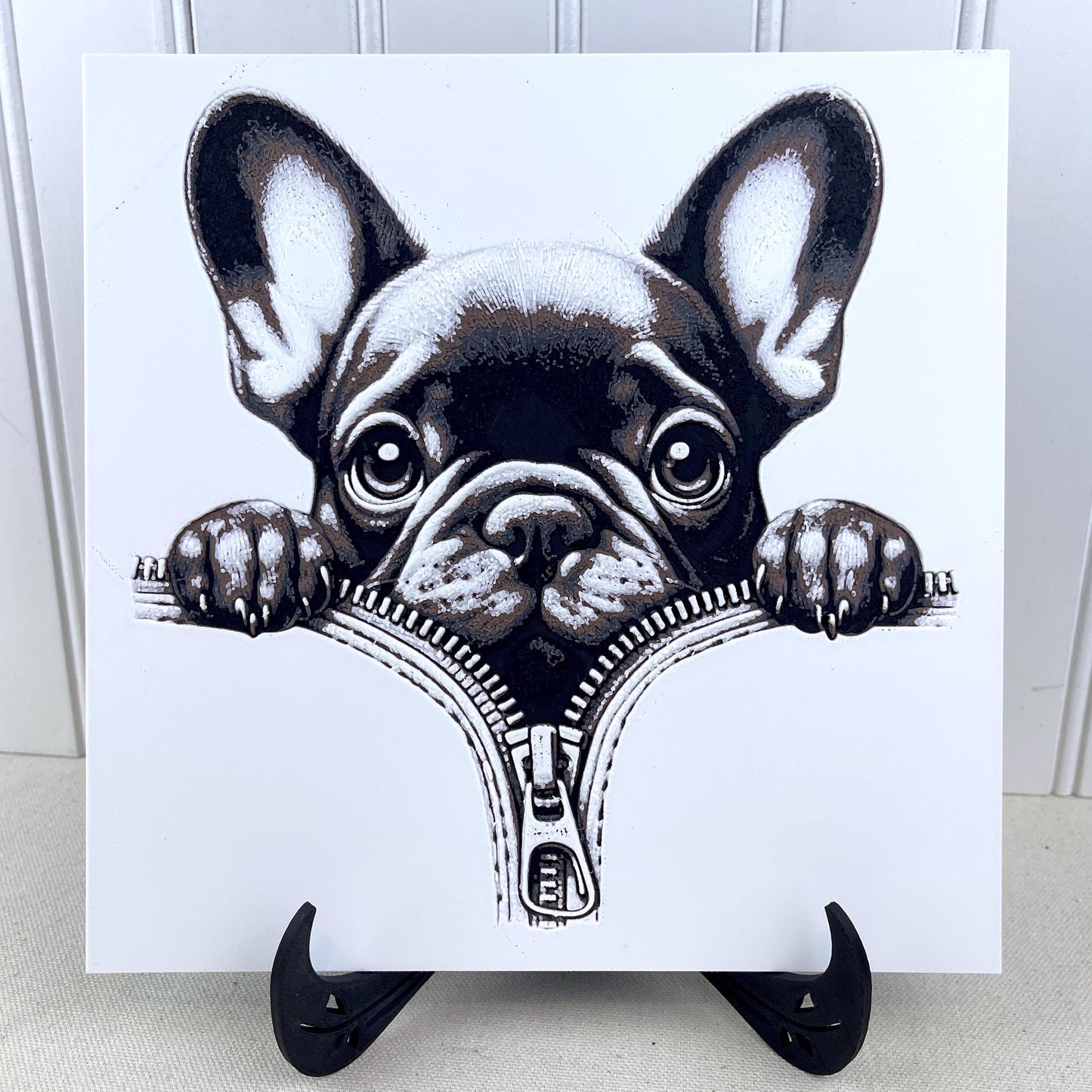 French Bulldog Wall Art, Frenchie Print, Zipper Dog Art, Monotone Art, Black White & Brown, Dog Lover Art, Textured Art