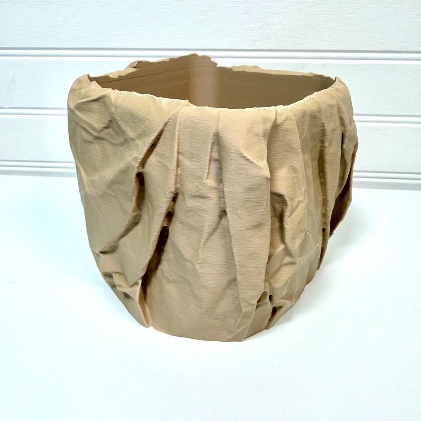 Crumpled Paper Pot, Cachepot Planter, Square Indoor Tabletop Plant Pot, Wrinkled Brown Bag Look