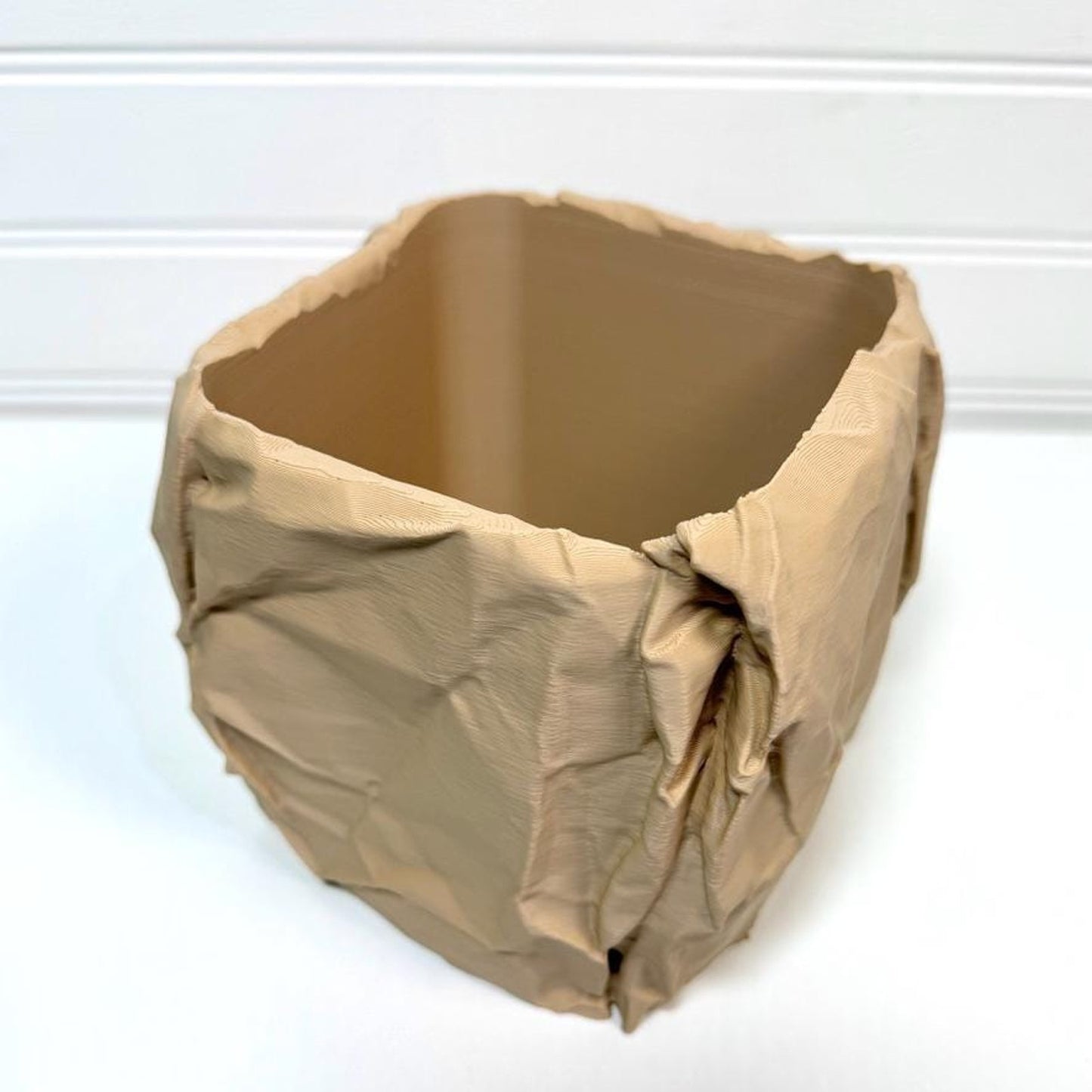 Crumpled Paper Pot, Cachepot Planter, Square Indoor Tabletop Plant Pot, Wrinkled Brown Bag Look