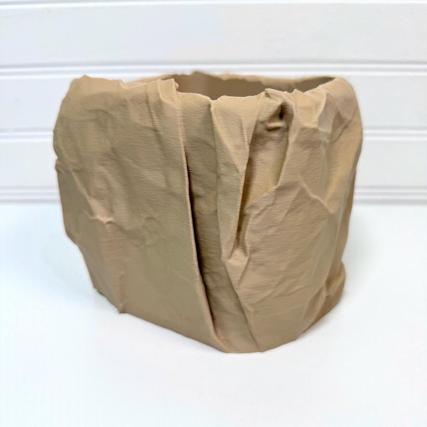 Crumpled Paper Pot, Cachepot Planter, Square Indoor Tabletop Plant Pot, Wrinkled Brown Bag Look