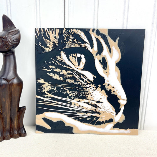 Cat Silhouette Wall Art: Textured Realistic Feline Print, 7.5in Square