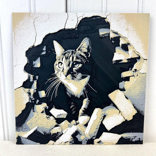 Curious Tabby Cat Art, Cat in Crumbling Wall Art, Bold Cat Print, Cat Decor