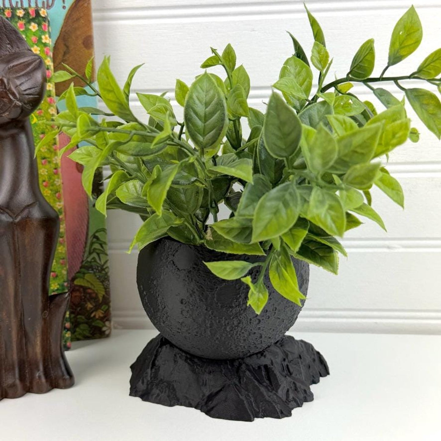 Moon Planter with Base, Indoor Plant Pot, Tabletop Planter, Textured Design, Astronomy Decor