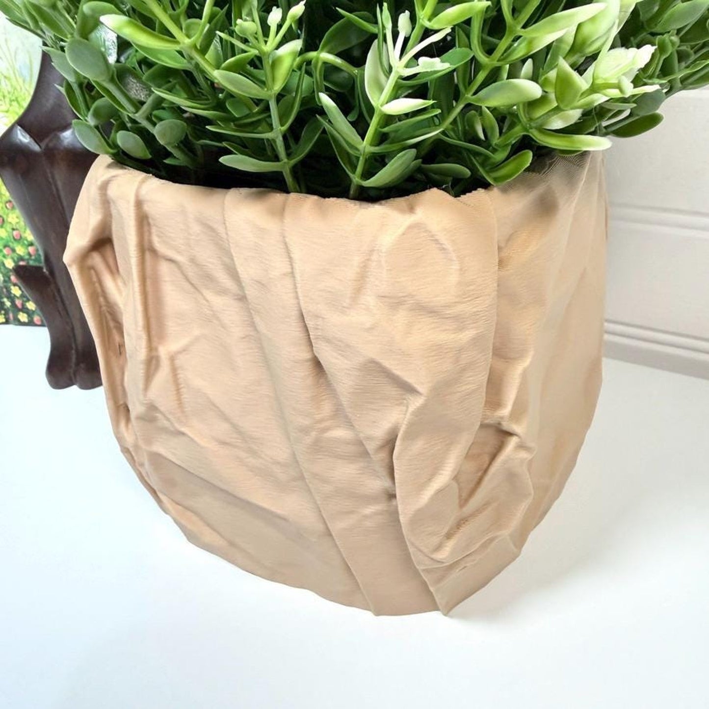 Crumpled Paper Pot, Cachepot Planter, Square Indoor Tabletop Plant Pot, Wrinkled Brown Bag Look