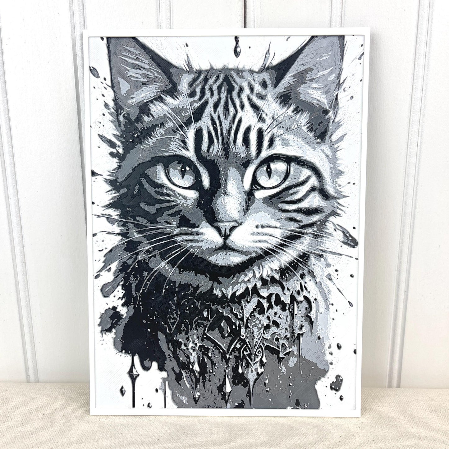 Black & White Tabby Cat Art, Monochrome Cat Art Print
