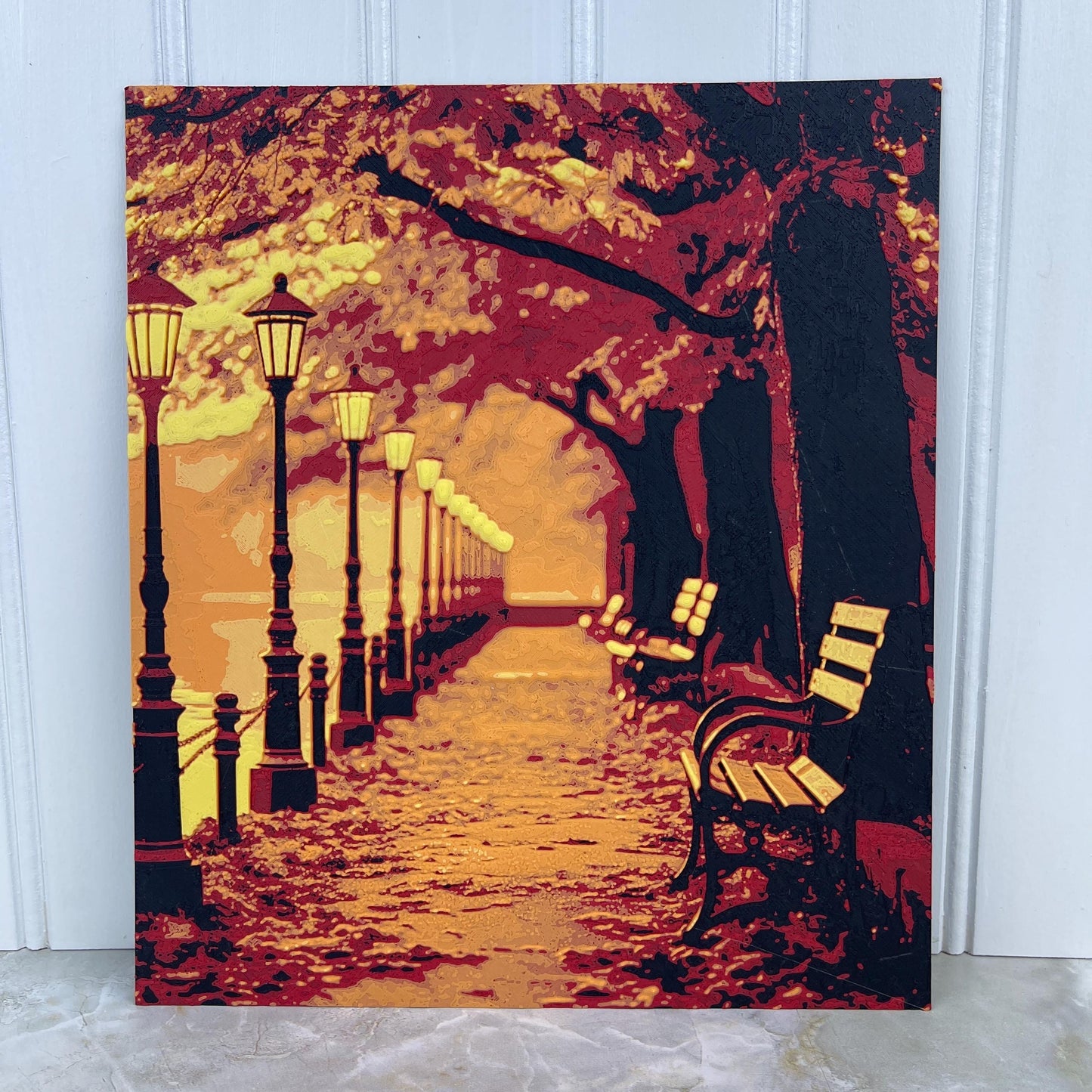 Autumnal Fall Wall Art,  Wall, Park Bench, Street Lamps in Autumn, Cozy Fall Vibes, Textured Art, Hueforge Art