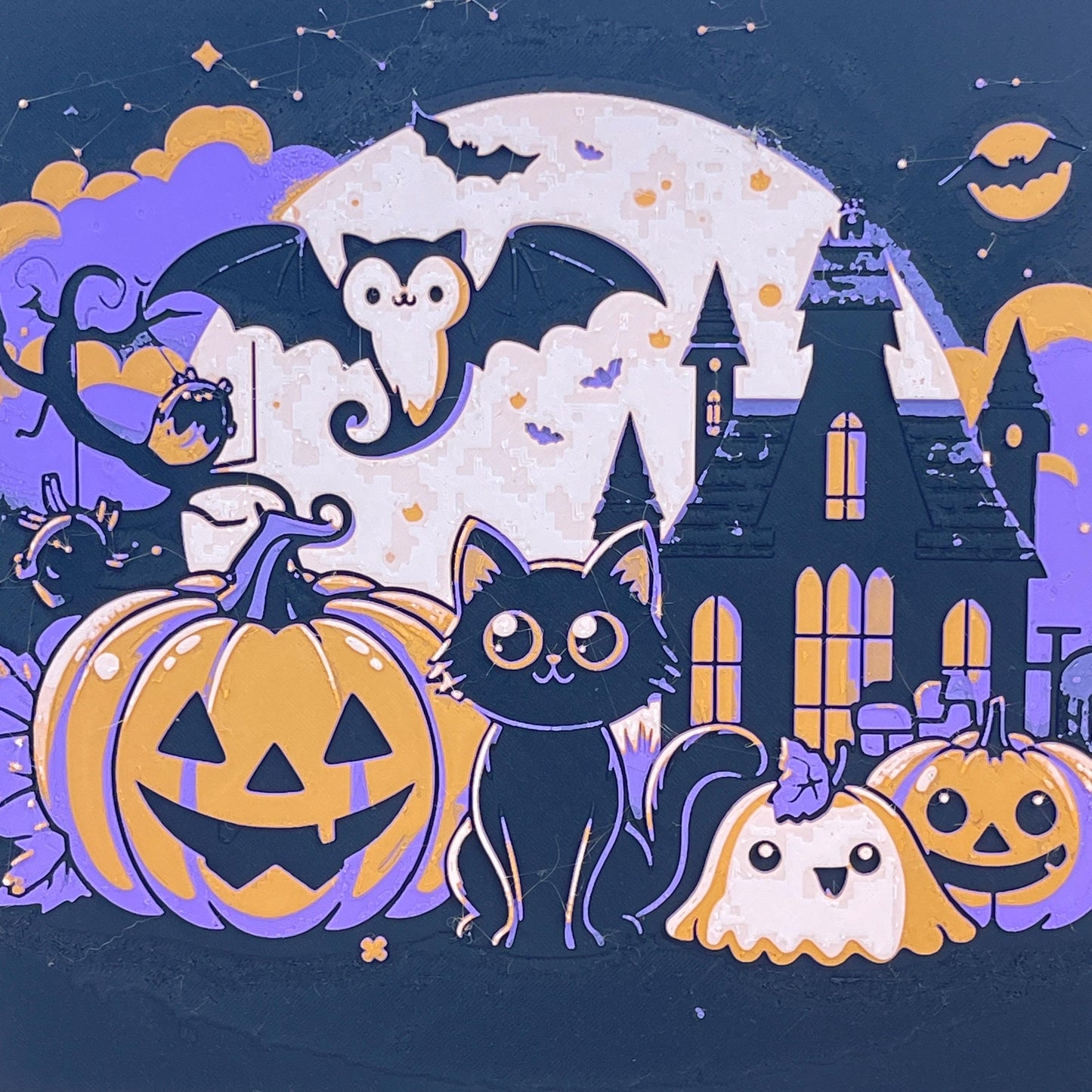 Halloween Decoration Wall Art,  Art, Pumpkins Black Cat Ghost Bats, Haunted House, Spooky Season, Textured Art, Hueforge Art