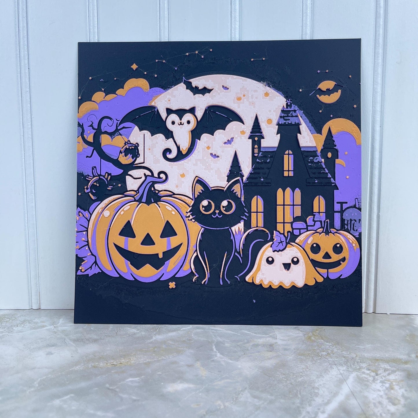 Halloween Decoration Wall Art,  Art, Pumpkins Black Cat Ghost Bats, Haunted House, Spooky Season, Textured Art, Hueforge Art