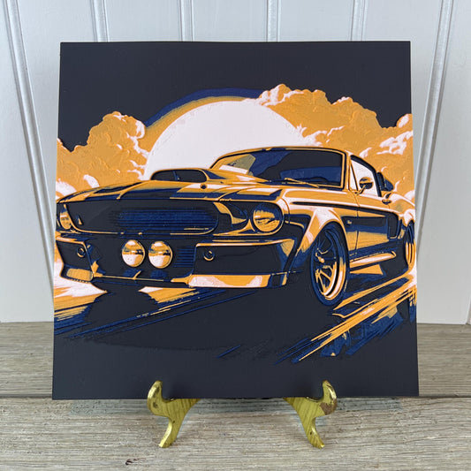 Mustang Morning,  Wall Art, Mustang in the Morning Sunrise, Car Art, Hueforge Art Print, Textured Art, Mancave Decor, Gift for Him