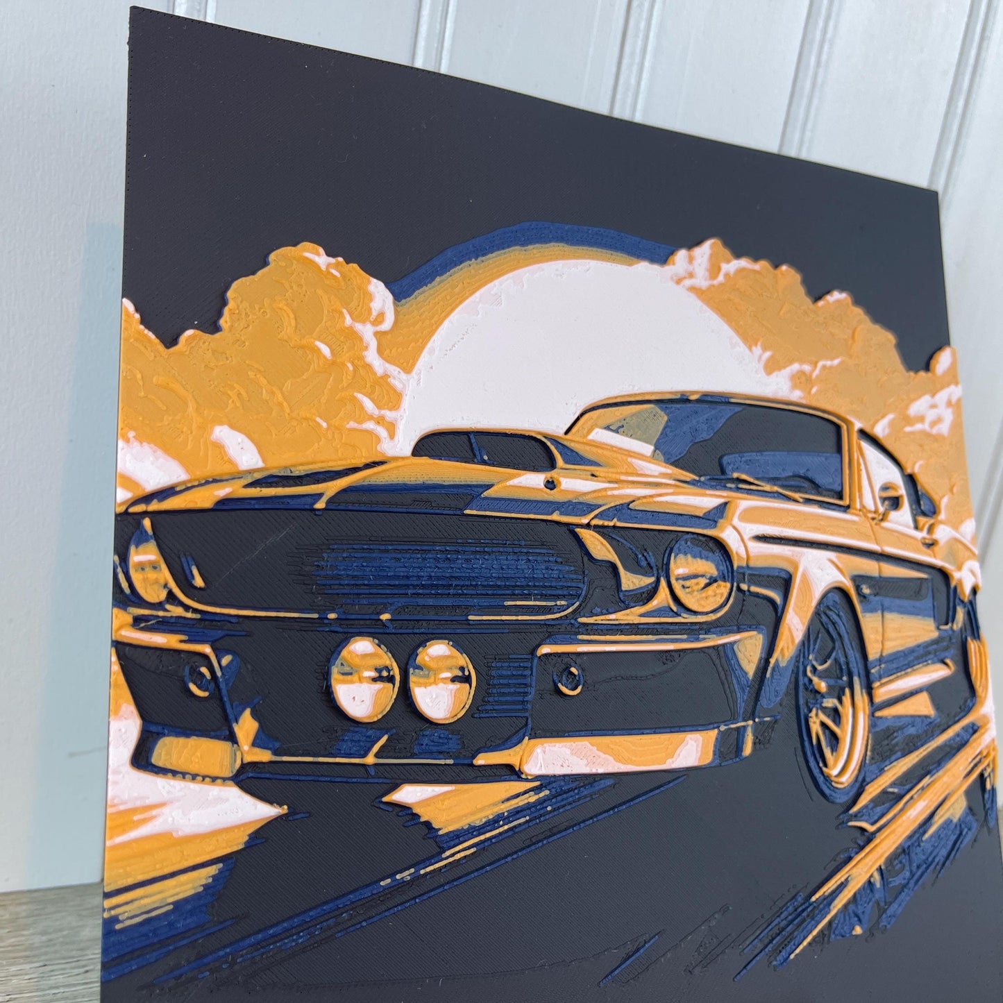 Mustang Morning,  Wall Art, Mustang in the Morning Sunrise, Car Art, Hueforge Art Print, Textured Art, Mancave Decor, Gift for Him