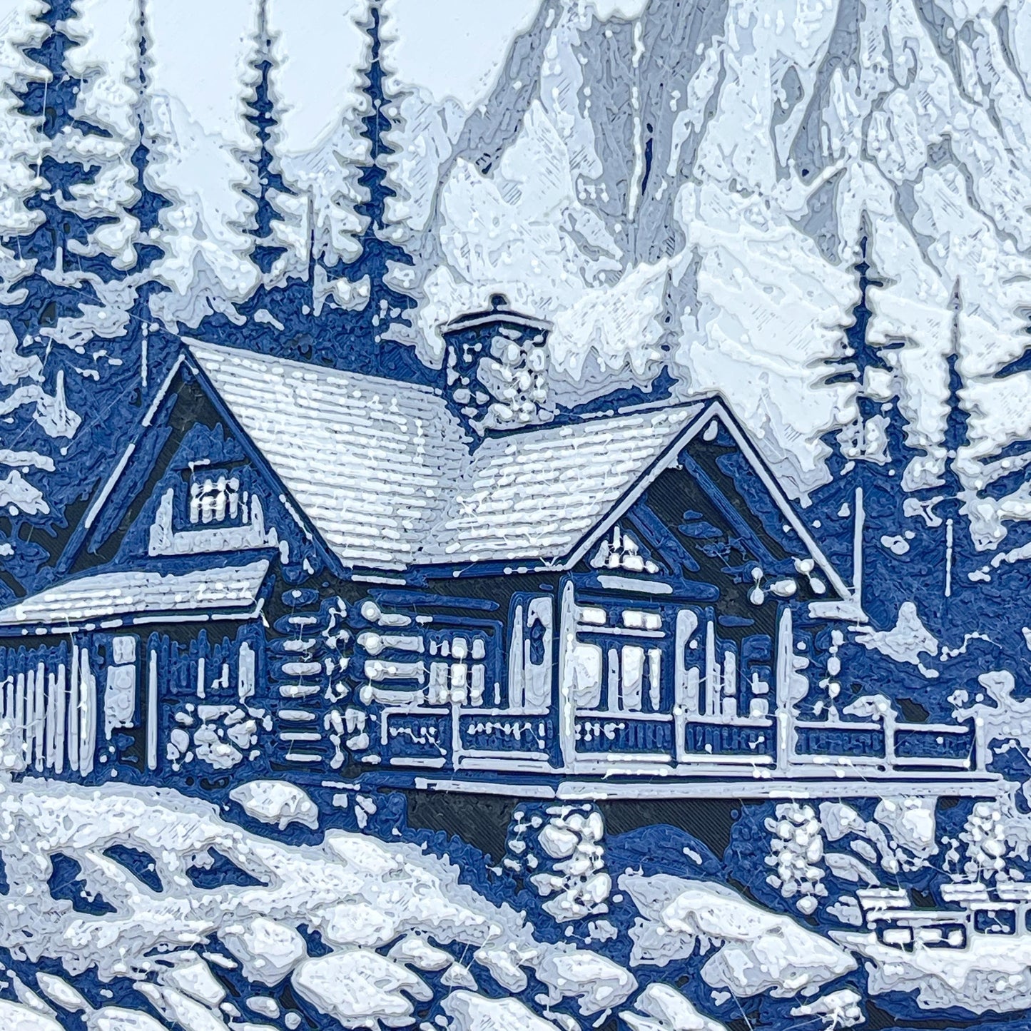 Lakeside Mountain Cabin Wall Art,  Wall Art, House by the Lake, Hueforge Art Print, Textured Art