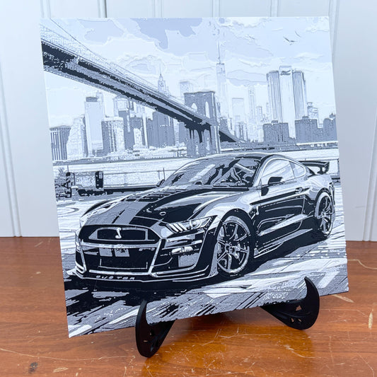 Ford Mustang Cobra Wall Art,  Wall Art, Bridge and City Skyline, Car Art, Hueforge Art Print, Textured Art