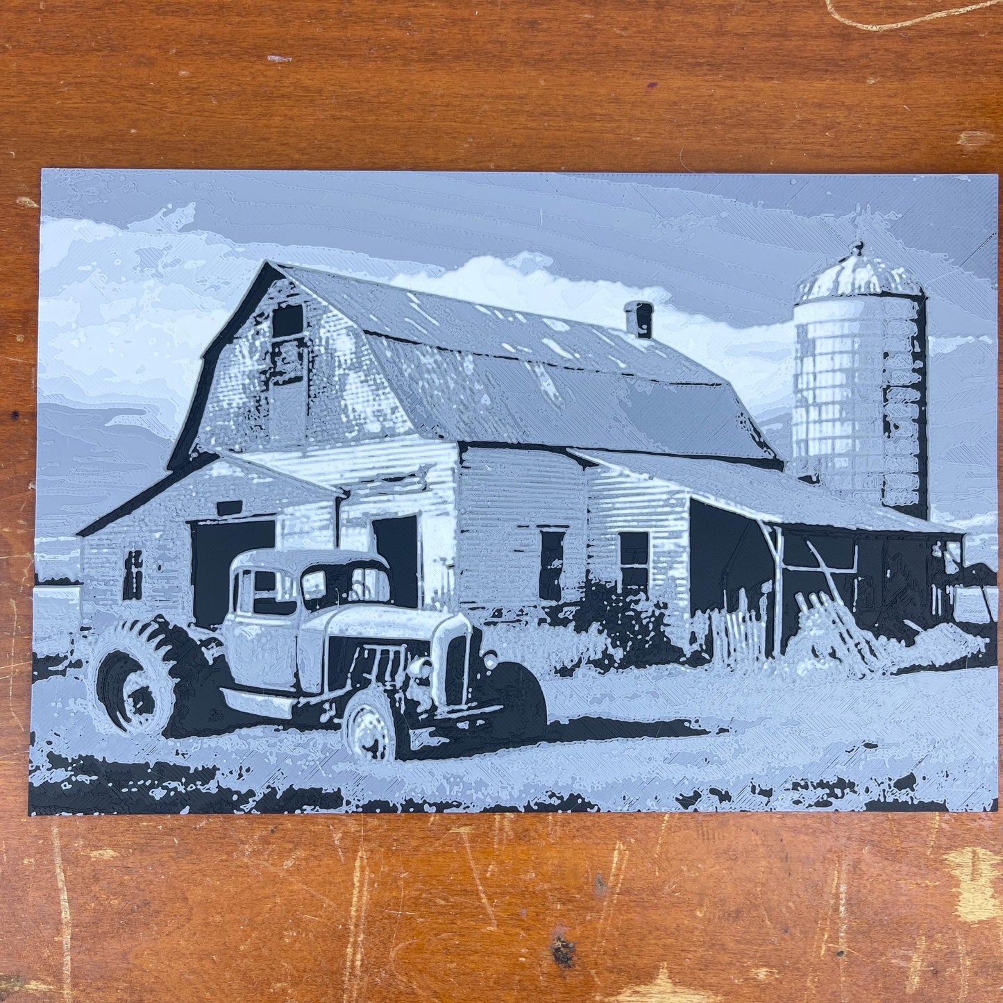 Old Barn & Vintage Tractor Wall Art, Barn with Silo, Hueforge Art Print, Textured Art
