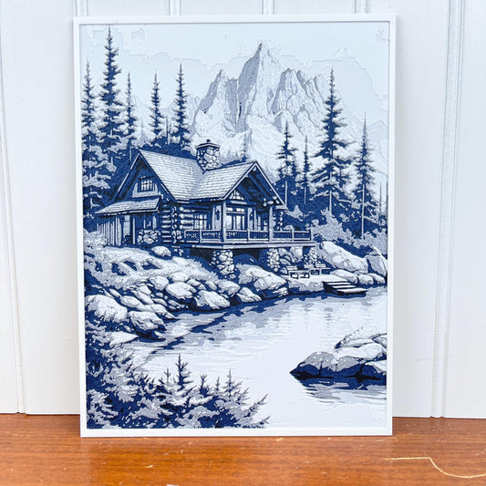 Lakeside Mountain Cabin Wall Art,  Wall Art, House by the Lake, Hueforge Art Print, Textured Art