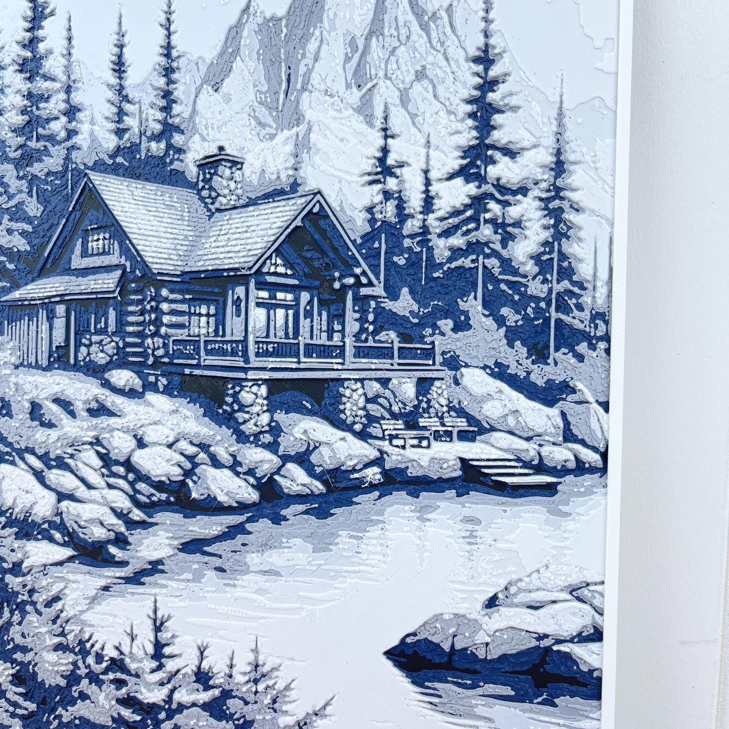 Lakeside Mountain Cabin Wall Art,  Wall Art, House by the Lake, Hueforge Art Print, Textured Art