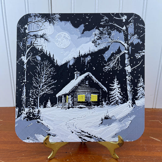 Winter Cabin Wall Art,  Wall Art, Cabin in the Snow, Hueforge Art Print, Textured Art