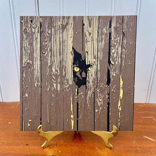 Cat Behind the Fence Wall Art,  Art, Cat Peeking Through Fence, Black Cat, Hueforge