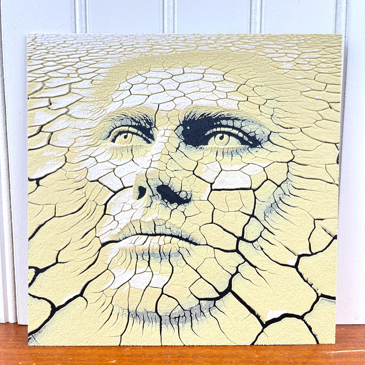 Hueforge Wall Art, Face in the Desert, Surreal Cracked Earth Face Texture