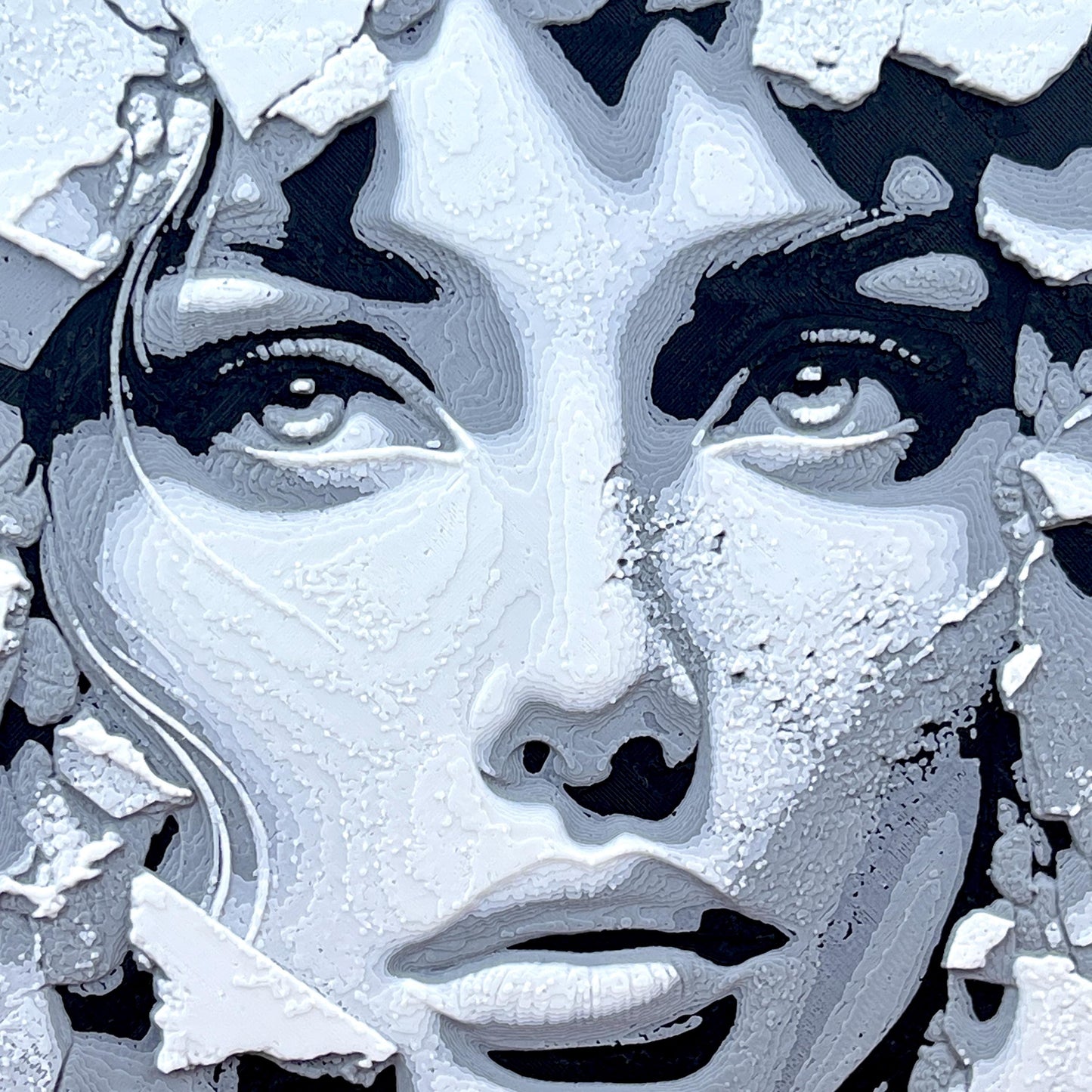 Hueforge Wall Art, Face in the Wall, Striking Monochrome,  Woman’s Face Breaking Through, Textured 3D Art