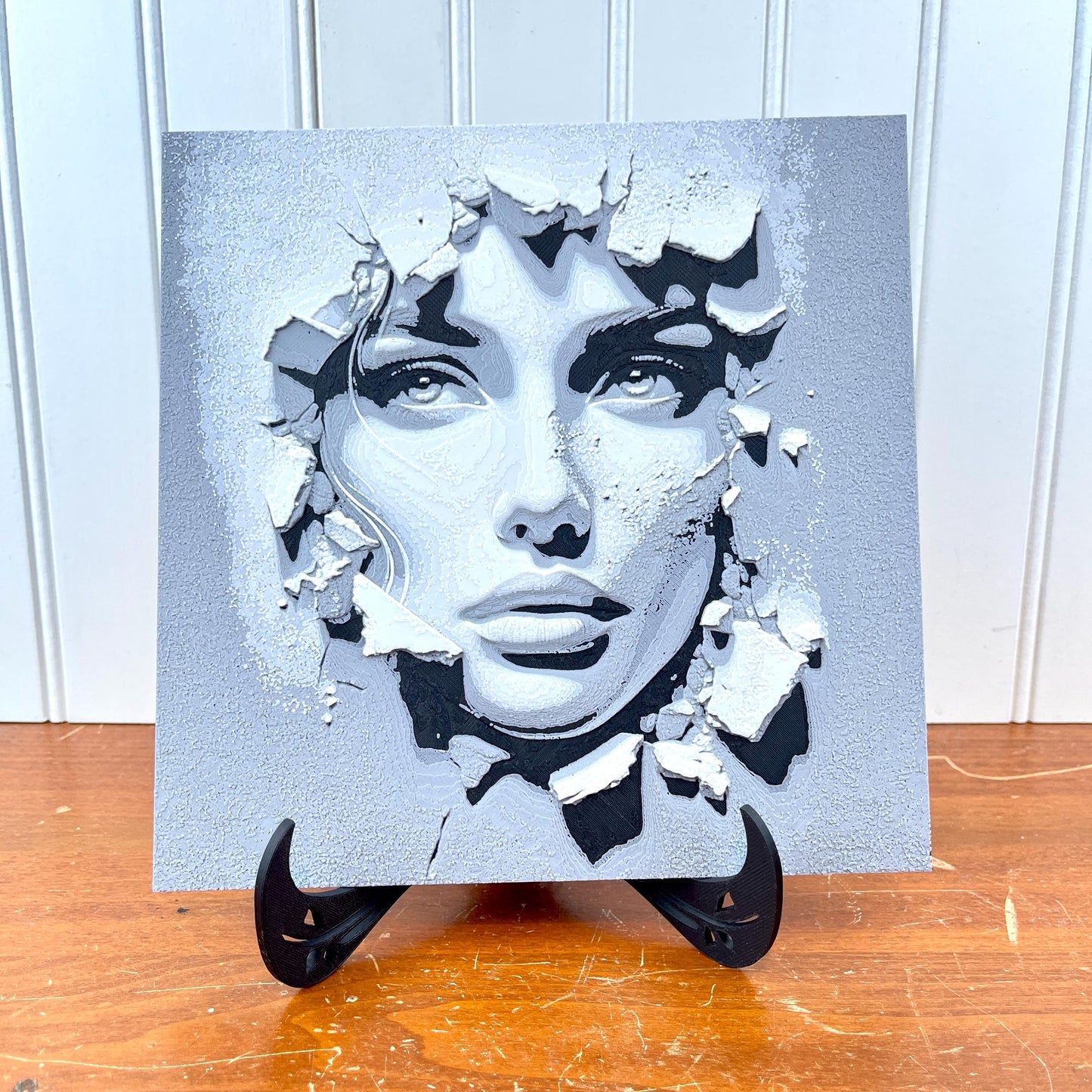 Hueforge Wall Art, Face in the Wall, Striking Monochrome,  Woman’s Face Breaking Through, Textured 3D Art