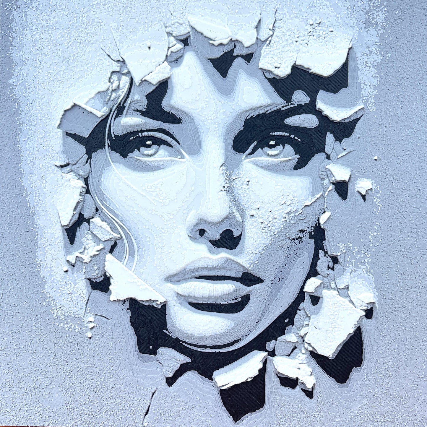 Hueforge Wall Art, Face in the Wall, Striking Monochrome,  Woman’s Face Breaking Through, Textured 3D Art