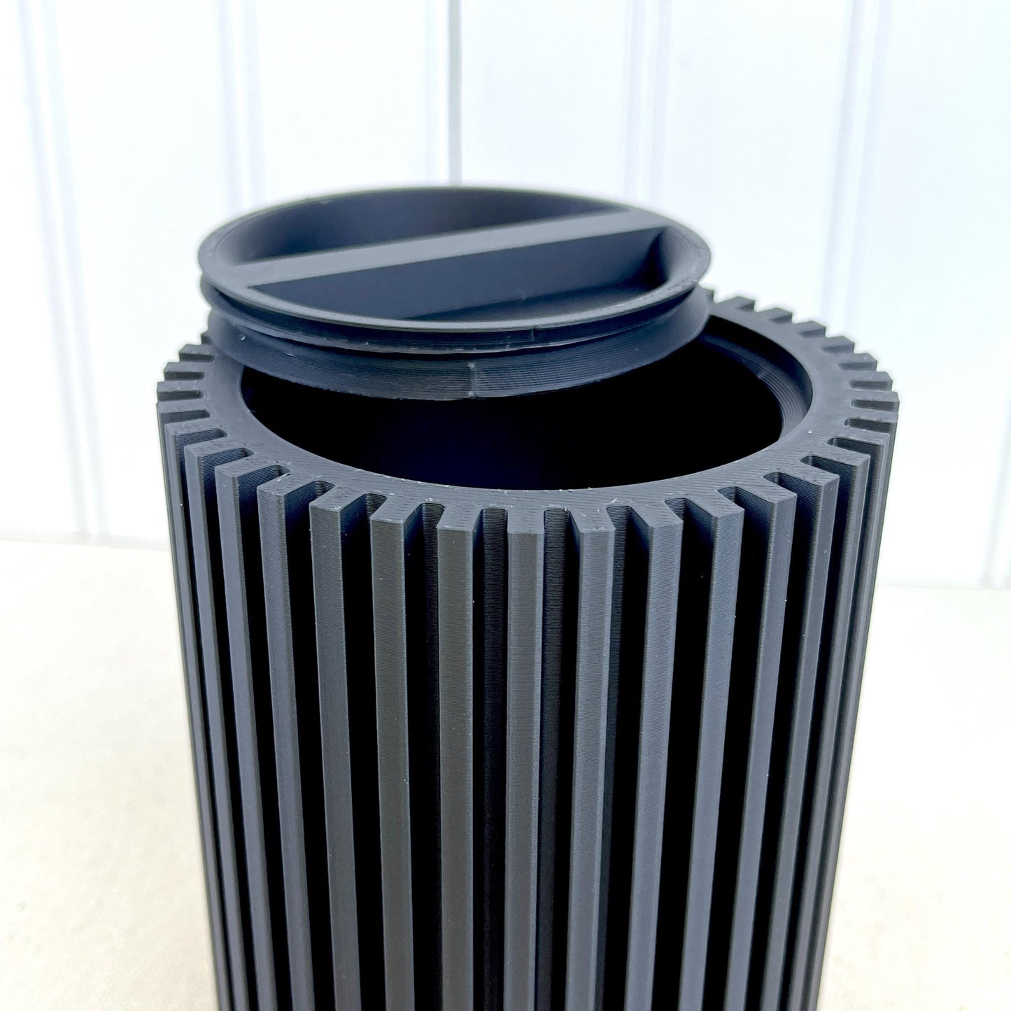 Modern Lidded Storage Container, Striped Storage Container, Ribbed Container