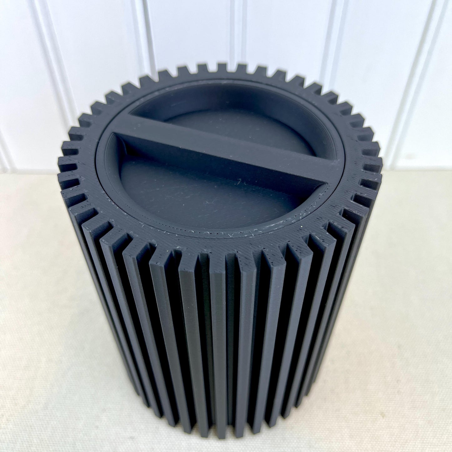 Modern Lidded Storage Container, Striped Storage Container, Ribbed Container