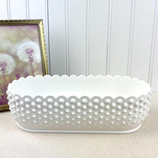 White Hobnail Oblong Bowl, Scalloped Edge, Vintage Inspired